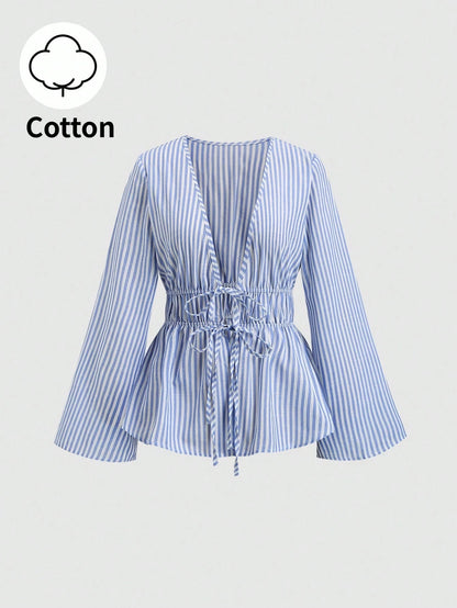 Sweetra Tall Blue And White Stripe Cotton V-Neck Tie-Waist Flare Sleeve Shirt,Parisian Chic Summer Vacation Elegant Minimalist Style For Tall Women,Daily Wear