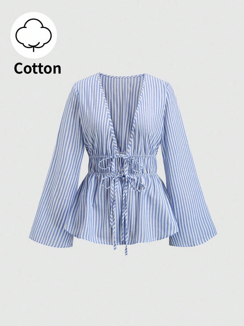 Sweetra Tall Blue And White Stripe Cotton V-Neck Tie-Waist Flare Sleeve Shirt,Parisian Chic Summer Vacation Elegant Minimalist Style For Tall Women,Daily Wear