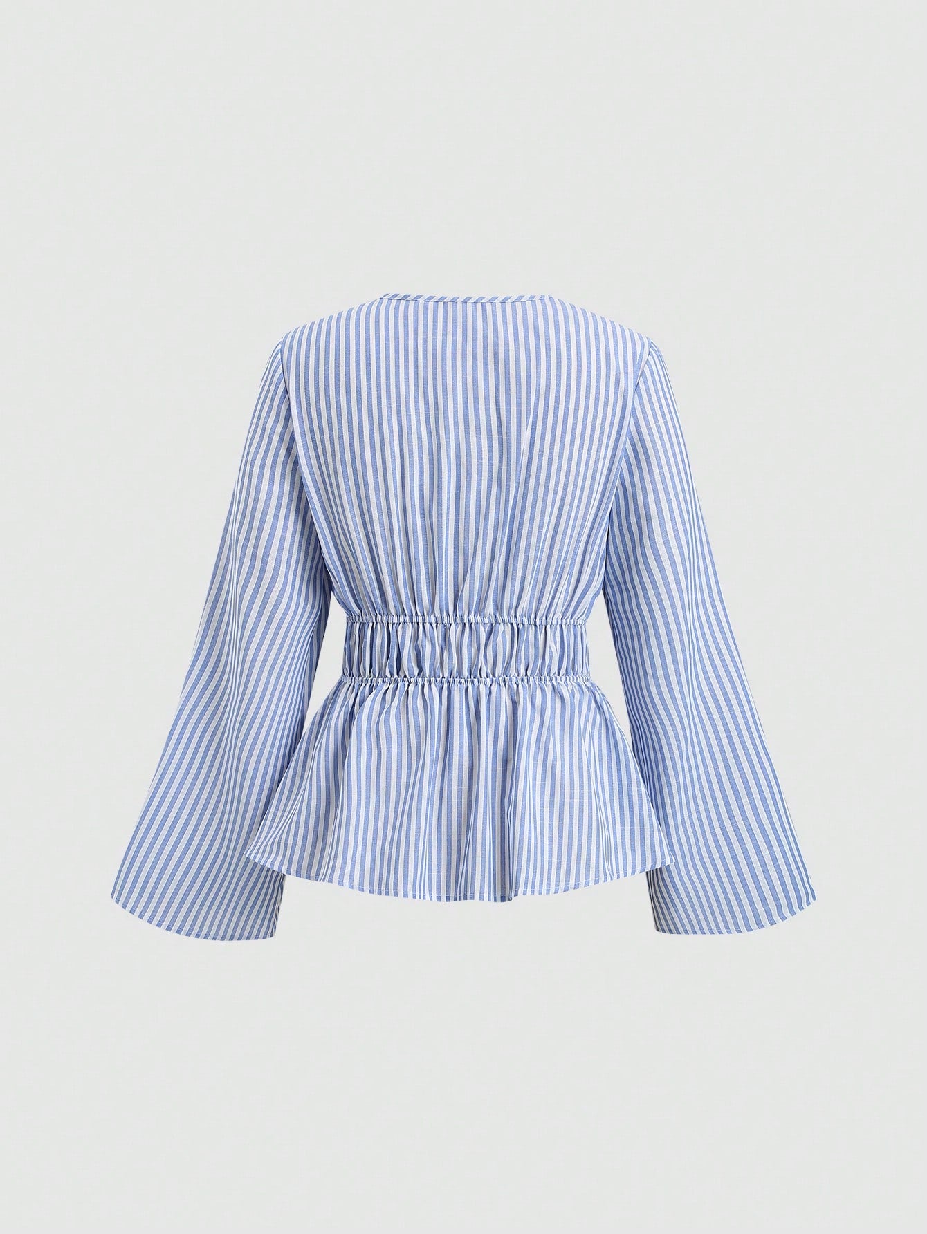 Sweetra Tall Blue And White Stripe Cotton V-Neck Tie-Waist Flare Sleeve Shirt,Parisian Chic Summer Vacation Elegant Minimalist Style For Tall Women,Daily Wear