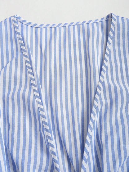 Sweetra Tall Blue And White Stripe Cotton V-Neck Tie-Waist Flare Sleeve Shirt,Parisian Chic Summer Vacation Elegant Minimalist Style For Tall Women,Daily Wear