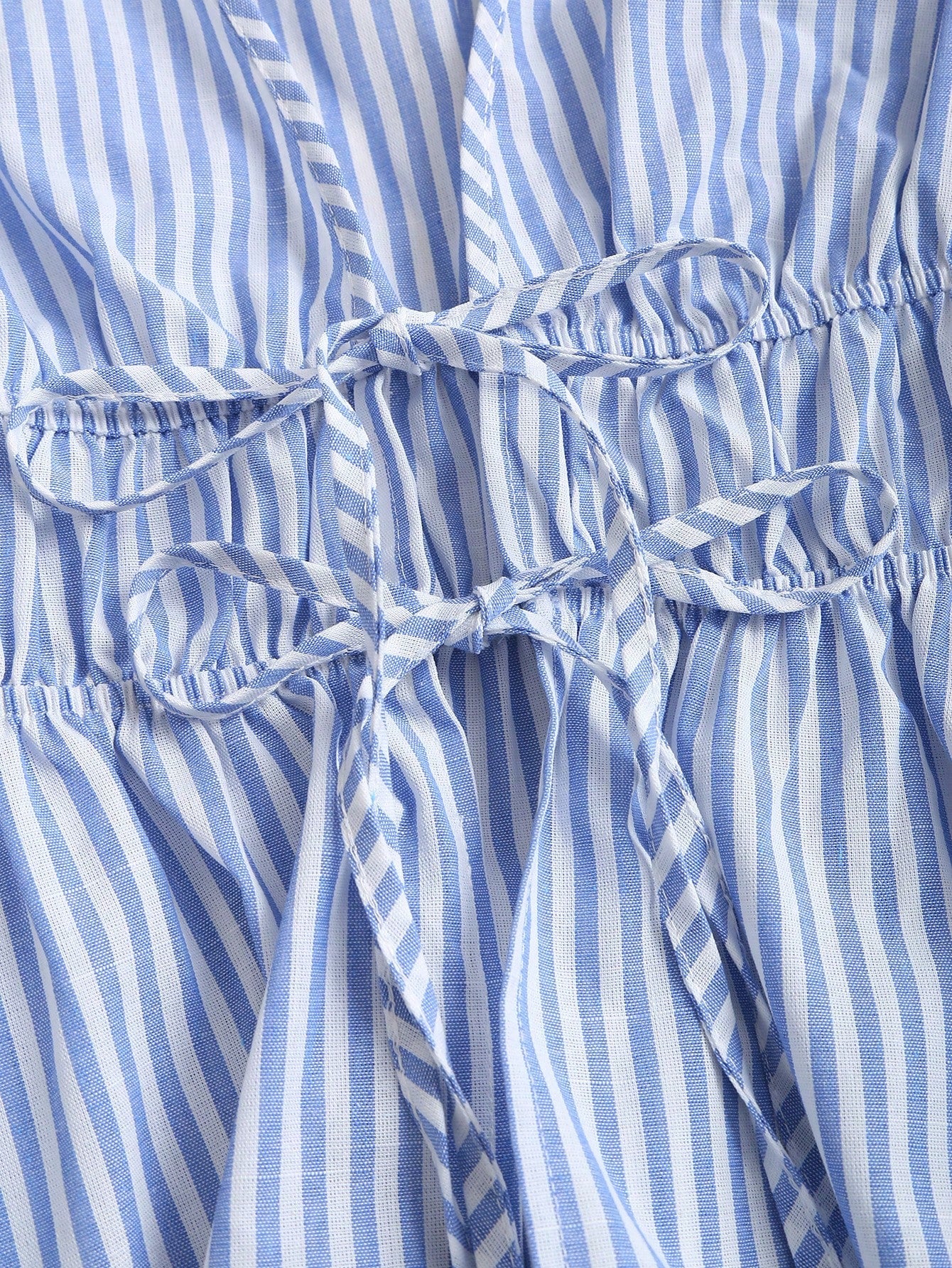 Sweetra Tall Blue And White Stripe Cotton V-Neck Tie-Waist Flare Sleeve Shirt,Parisian Chic Summer Vacation Elegant Minimalist Style For Tall Women,Daily Wear