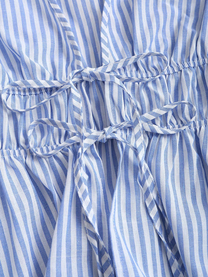 Sweetra Tall Blue And White Stripe Cotton V-Neck Tie-Waist Flare Sleeve Shirt,Parisian Chic Summer Vacation Elegant Minimalist Style For Tall Women,Daily Wear