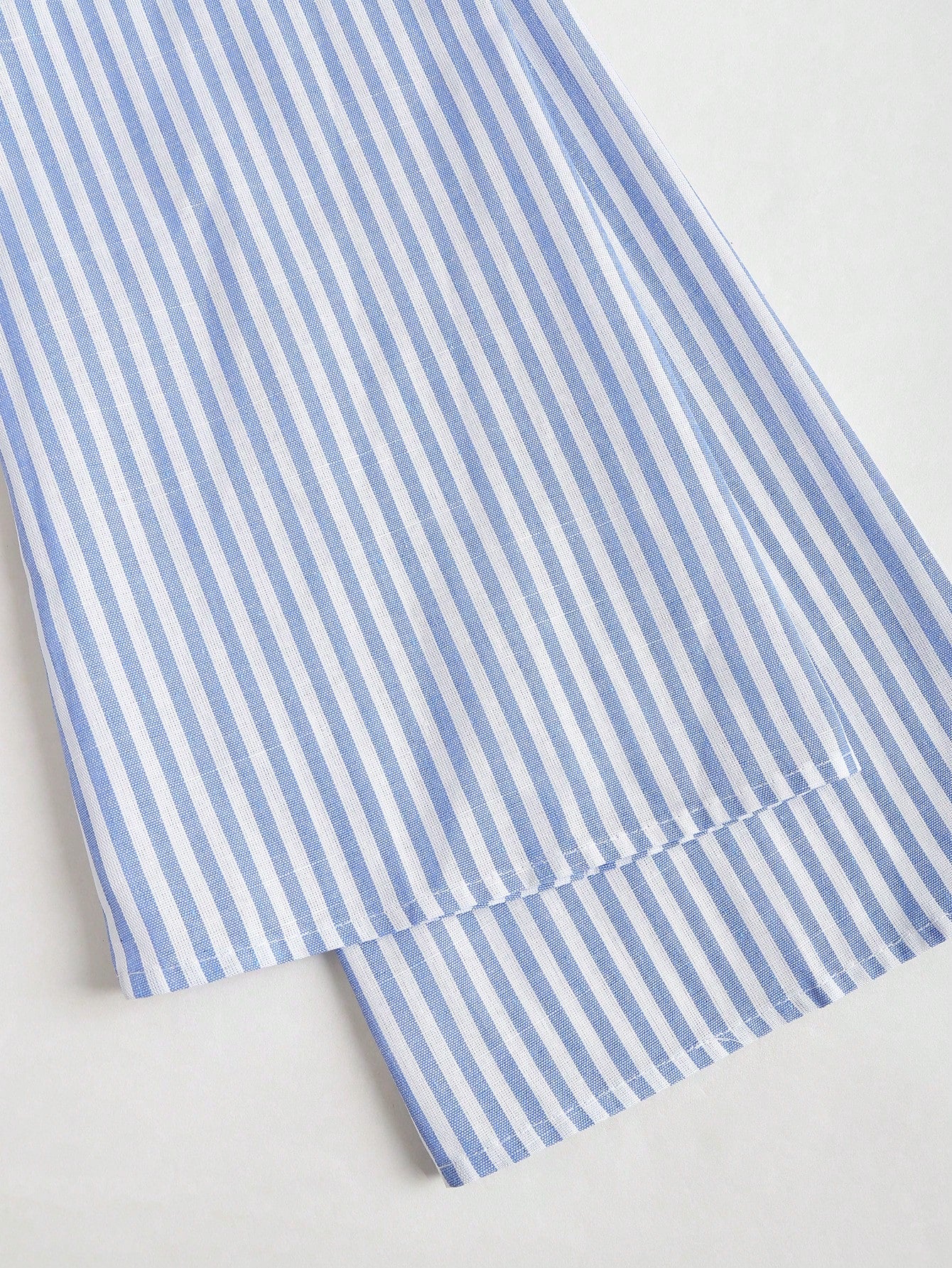Sweetra Tall Blue And White Stripe Cotton V-Neck Tie-Waist Flare Sleeve Shirt,Parisian Chic Summer Vacation Elegant Minimalist Style For Tall Women,Daily Wear