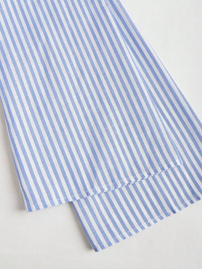 Sweetra Tall Blue And White Stripe Cotton V-Neck Tie-Waist Flare Sleeve Shirt,Parisian Chic Summer Vacation Elegant Minimalist Style For Tall Women,Daily Wear
