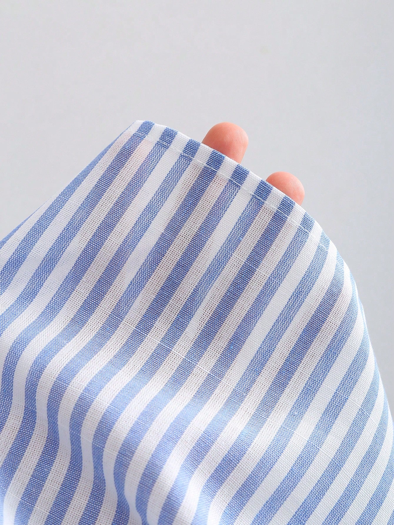 Sweetra Tall Blue And White Stripe Cotton V-Neck Tie-Waist Flare Sleeve Shirt,Parisian Chic Summer Vacation Elegant Minimalist Style For Tall Women,Daily Wear