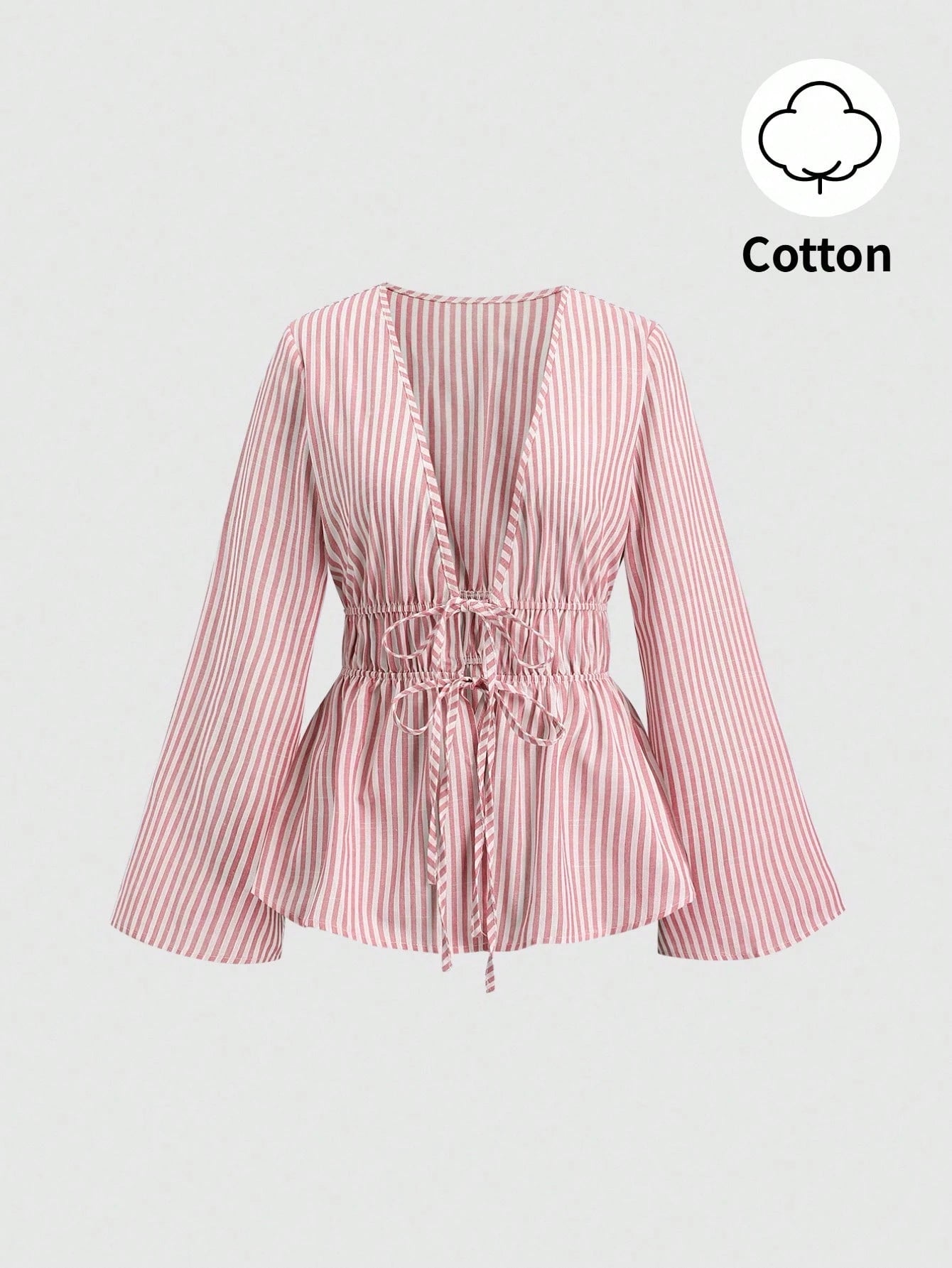 Sweetra Tall Blue And White Stripe Cotton V-Neck Tie-Waist Flare Sleeve Shirt,Parisian Chic Summer Vacation Elegant Minimalist Style For Tall Women,Daily Wear