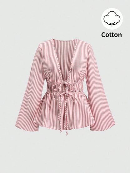 Sweetra Tall Blue And White Stripe Cotton V-Neck Tie-Waist Flare Sleeve Shirt,Parisian Chic Summer Vacation Elegant Minimalist Style For Tall Women,Daily Wear
