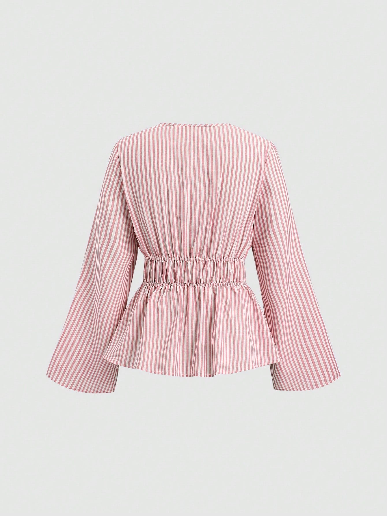 Sweetra Tall Blue And White Stripe Cotton V-Neck Tie-Waist Flare Sleeve Shirt,Parisian Chic Summer Vacation Elegant Minimalist Style For Tall Women,Daily Wear