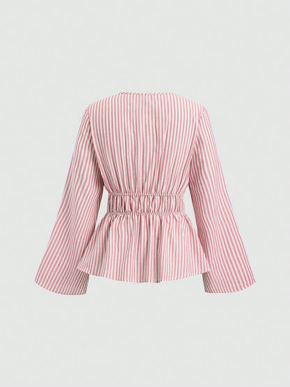 Sweetra Tall Blue And White Stripe Cotton V-Neck Tie-Waist Flare Sleeve Shirt,Parisian Chic Summer Vacation Elegant Minimalist Style For Tall Women,Daily Wear