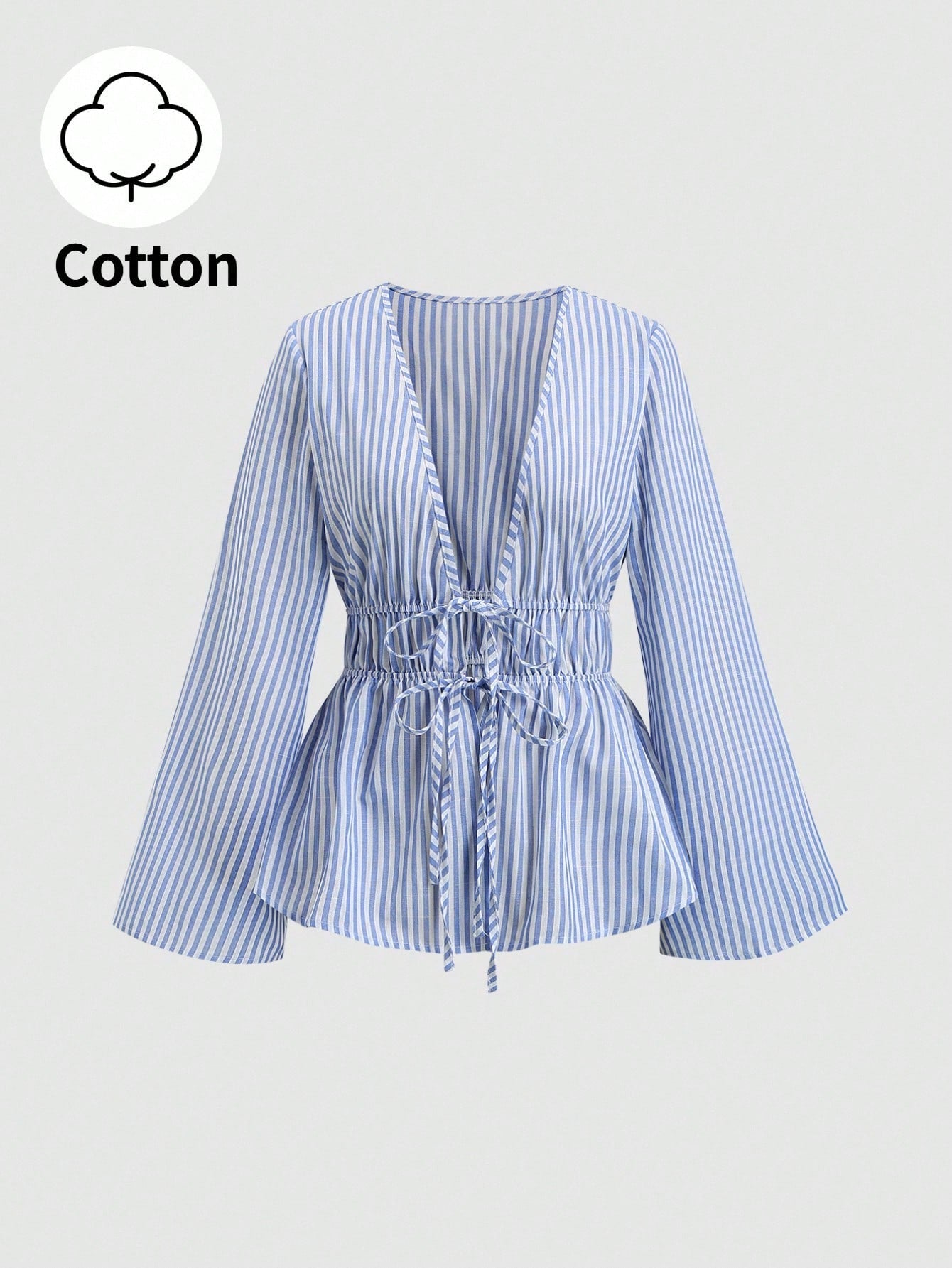 Sweetra Tall Blue And White Stripe Cotton V-Neck Tie-Waist Flare Sleeve Shirt,Parisian Chic Summer Vacation Elegant Minimalist Style For Tall Women,Daily Wear