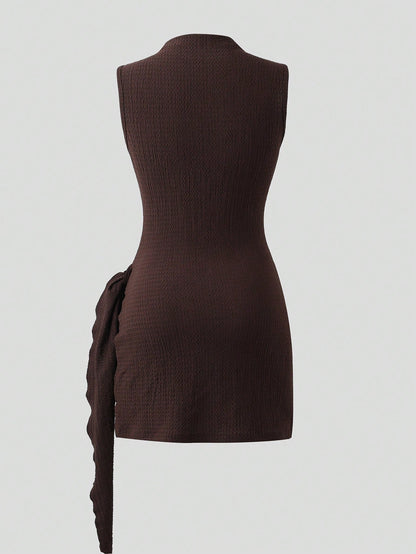 Sweetra Women's Dark Brown Summer Seksi Chic Bodycon Dress,Night Out High Neck Sleeveless Figure-Hugging Pleated Dress With Decorative Metal Buckles