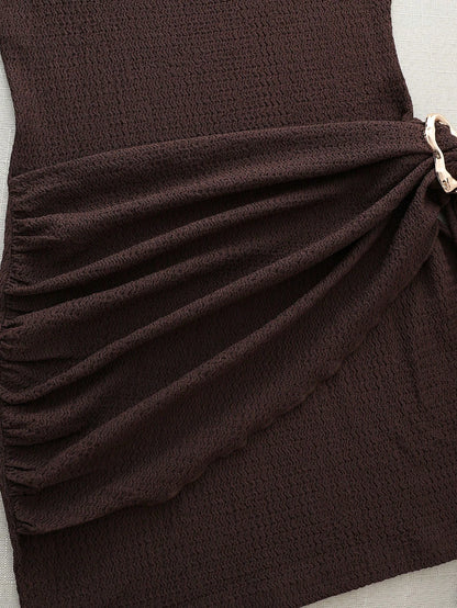 Sweetra Women's Dark Brown Summer Seksi Chic Bodycon Dress,Night Out High Neck Sleeveless Figure-Hugging Pleated Dress With Decorative Metal Buckles