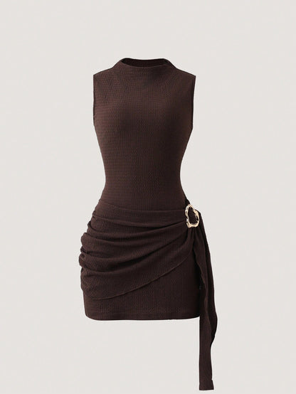 Sweetra Women's Dark Brown Summer Seksi Chic Bodycon Dress,Night Out High Neck Sleeveless Figure-Hugging Pleated Dress With Decorative Metal Buckles