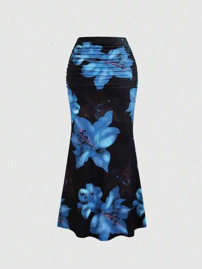 Sweetra Women's Floral Print Elastic Waist Pleated Mermaid Skirt Maxi Fall Cloth For Women