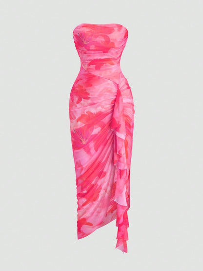Sweetra Women's Floral Print Ruffle Hem Bustier Dress For Holiday
