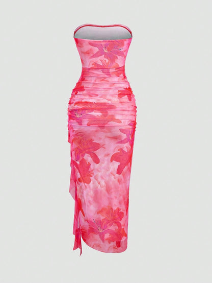 Sweetra Women's Floral Print Ruffle Hem Bustier Dress For Holiday