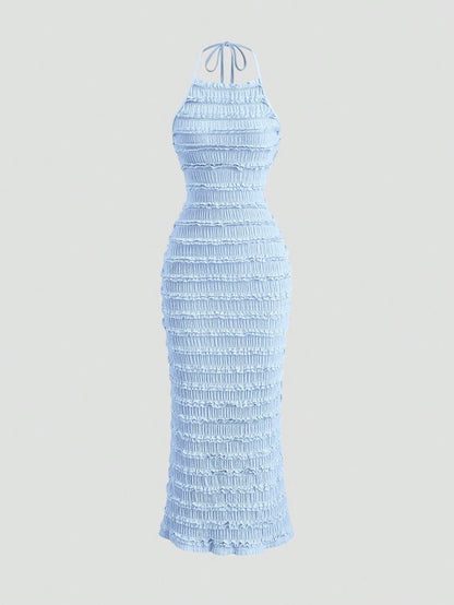 Sweetra Women's Light Yellow Pleated Lace Maxi Dress, Romantic Sexy Resort Style, Spring/Summer