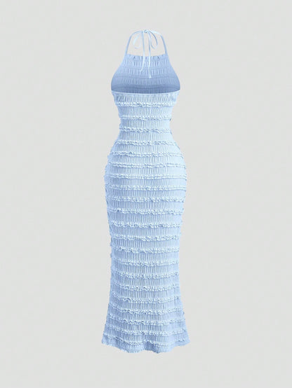 Sweetra Women's Light Yellow Pleated Lace Maxi Dress, Romantic Sexy Resort Style, Spring/Summer