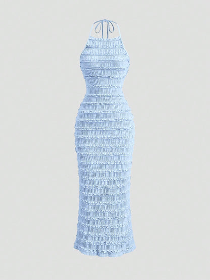 Sweetra Women's Light Yellow Pleated Lace Maxi Dress, Romantic Sexy Resort Style, Spring/Summer