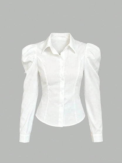 Sweetra Women's Slim Fit Shirt With Leg-Of-Mutton Sleeve, Solid Color,Long Sleeve Tops Fall Cloth For Women