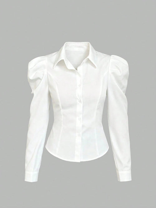 Sweetra Women's Slim Fit Shirt With Leg-Of-Mutton Sleeve, Solid Color,Long Sleeve Tops Fall Cloth For Women