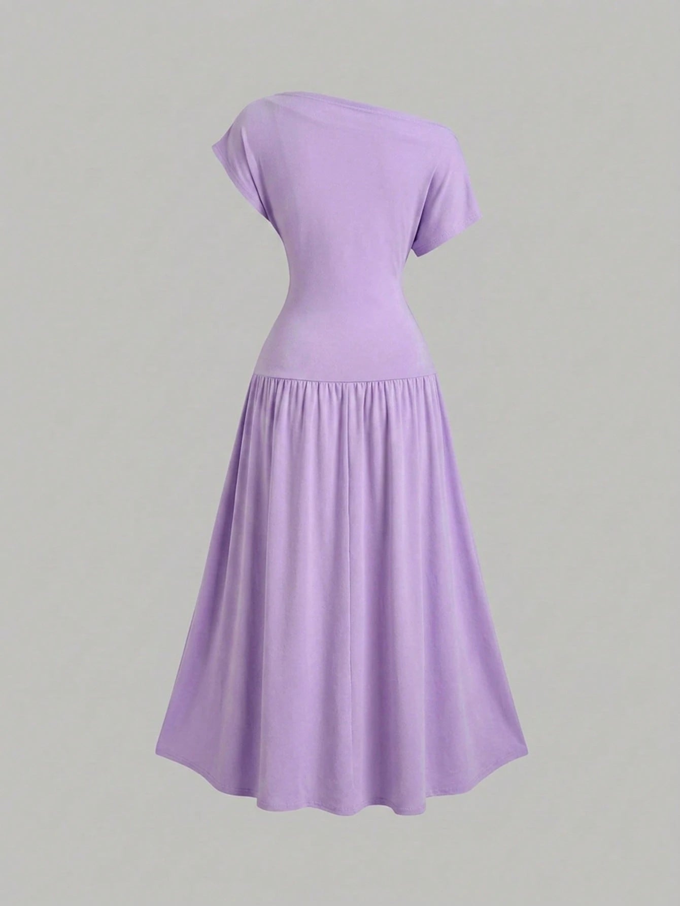 Sweetra Women's Solid Color Ruched Asymmetrical Shoulder Short Sleeve Elegant Dress
