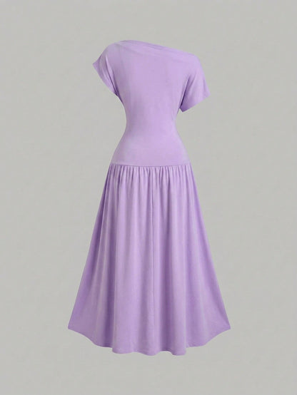 Sweetra Women's Solid Color Ruched Asymmetrical Shoulder Short Sleeve Elegant Dress