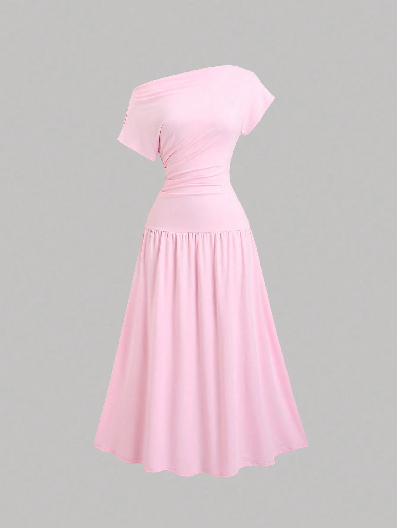 Sweetra Women's Solid Color Ruched Asymmetrical Shoulder Short Sleeve Elegant Dress