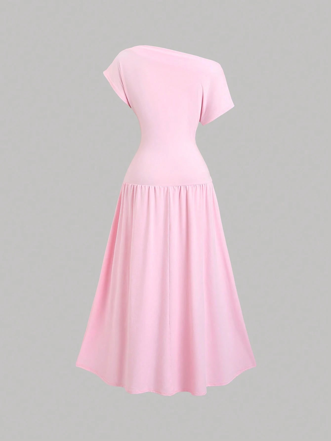 Sweetra Women's Solid Color Ruched Asymmetrical Shoulder Short Sleeve Elegant Dress