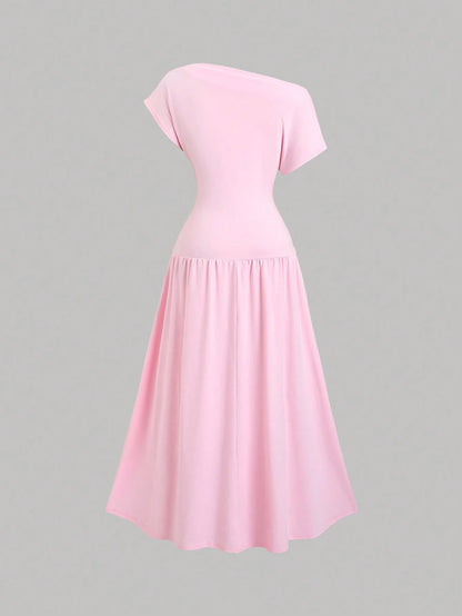 Sweetra Women's Solid Color Ruched Asymmetrical Shoulder Short Sleeve Elegant Dress
