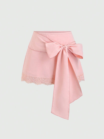 Sweetra Women's Spring/Summer Casual Vacation Style Pink Woven Lace Trim Waist Tie Mini Skirt, Flattering Fit For Beach