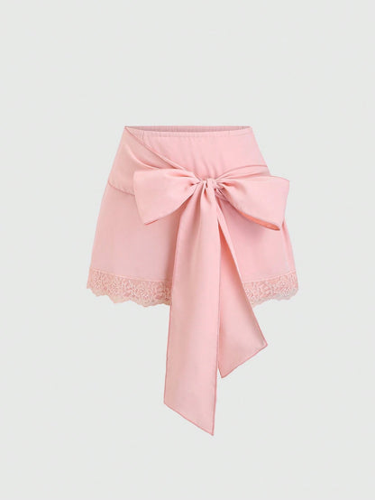 Sweetra Women's Spring/Summer Casual Vacation Style Pink Woven Lace Trim Waist Tie Mini Skirt, Flattering Fit For Beach