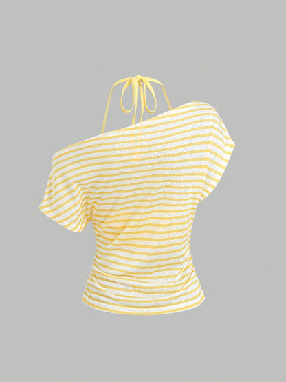 Sweetra Women's Summer Vacation Style Asymmetric Asymmetric Neck Striped Asymmetrical Cut Sheer Back Tank Top T-Shirt