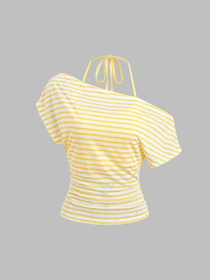 Sweetra Women's Summer Vacation Style Asymmetric Asymmetric Neck Striped Asymmetrical Cut Sheer Back Tank Top T-Shirt