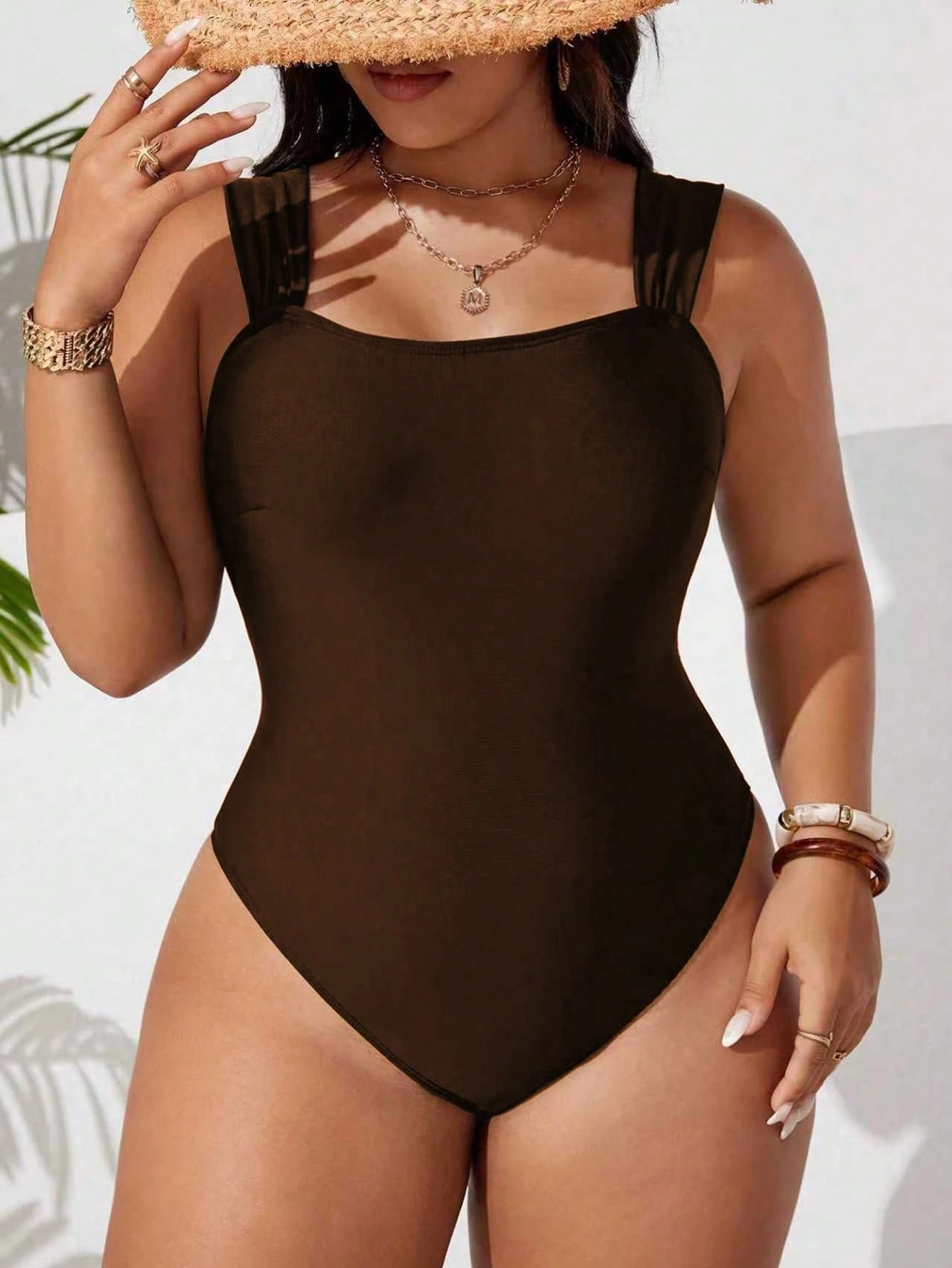 Swim Basics Plus Size Solid Color Thick Strap Backless One-Piece Swimsuit