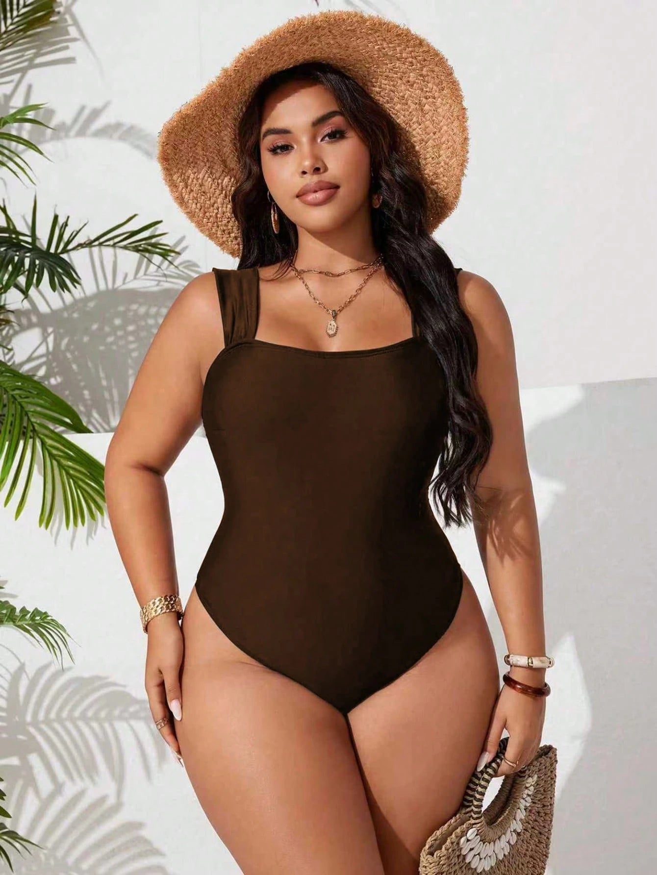 Swim Basics Plus Size Solid Color Thick Strap Backless One-Piece Swimsuit