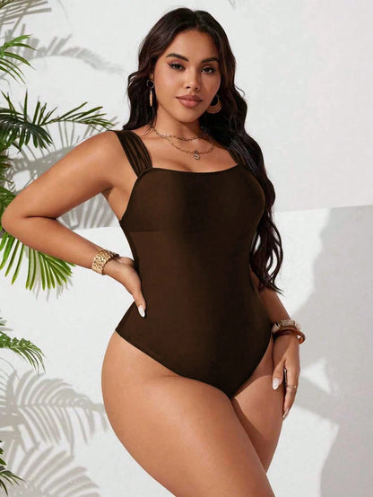 Swim Basics Plus Size Solid Color Thick Strap Backless One-Piece Swimsuit