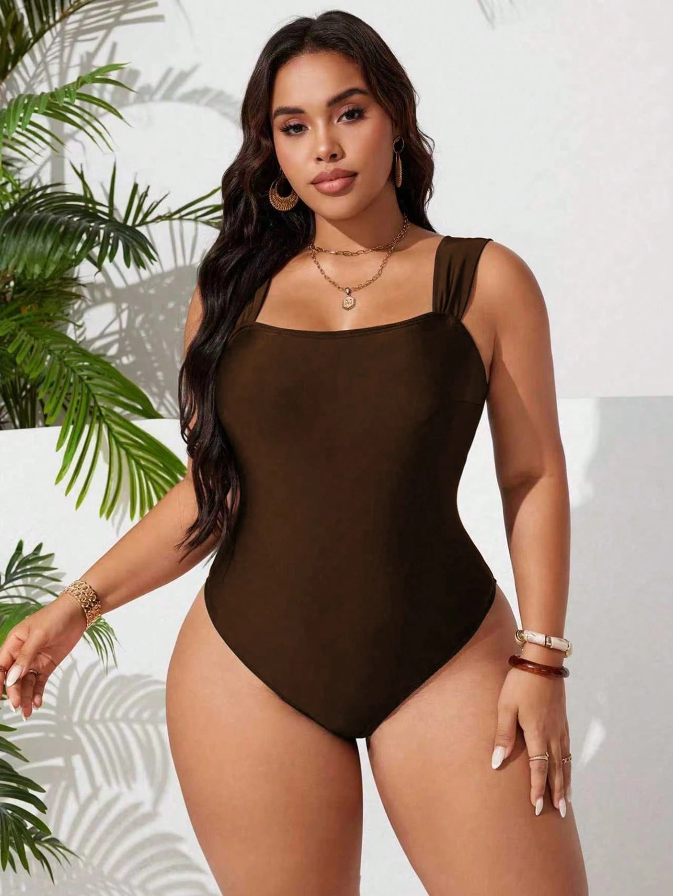 Swim Basics Plus Size Solid Color Thick Strap Backless One-Piece Swimsuit