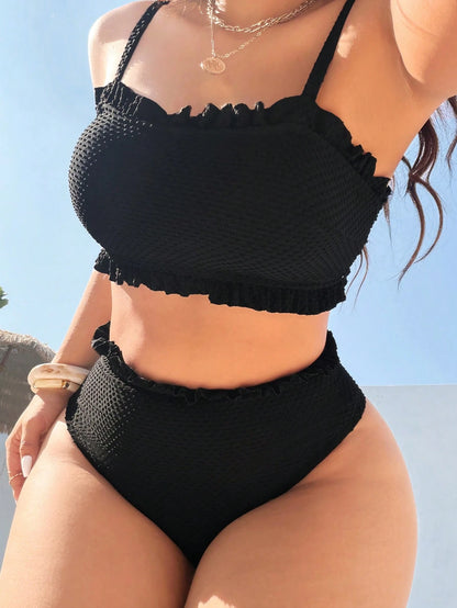 Swim Basics Plus Size Swimwear Set,Solid Jacquard Bandeau Top With Floral Trim & High Cut Waist Ruffle Triangle Bikini Bottom,Summer Beach Holiday