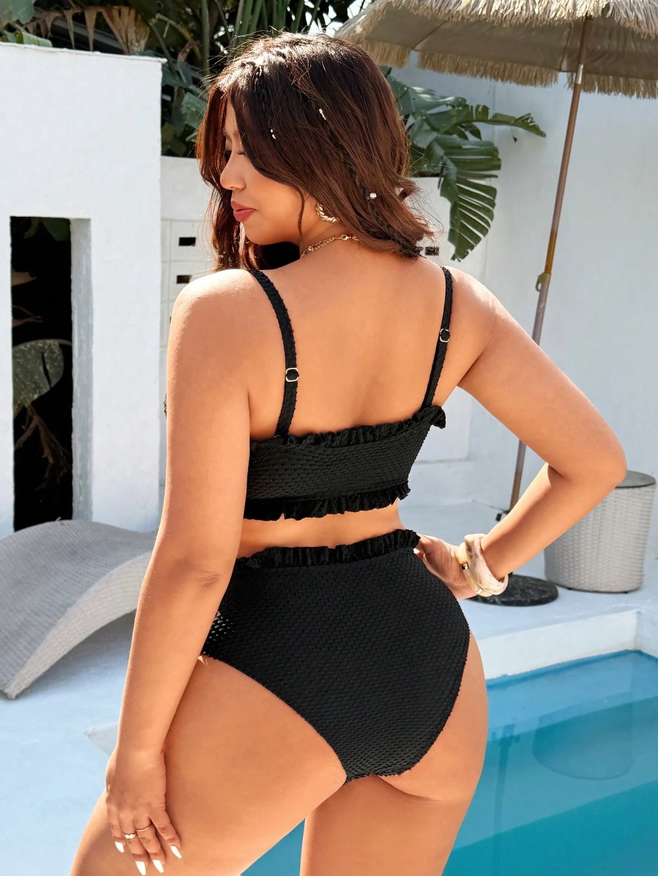 Swim Basics Plus Size Swimwear Set,Solid Jacquard Bandeau Top With Floral Trim & High Cut Waist Ruffle Triangle Bikini Bottom,Summer Beach Holiday
