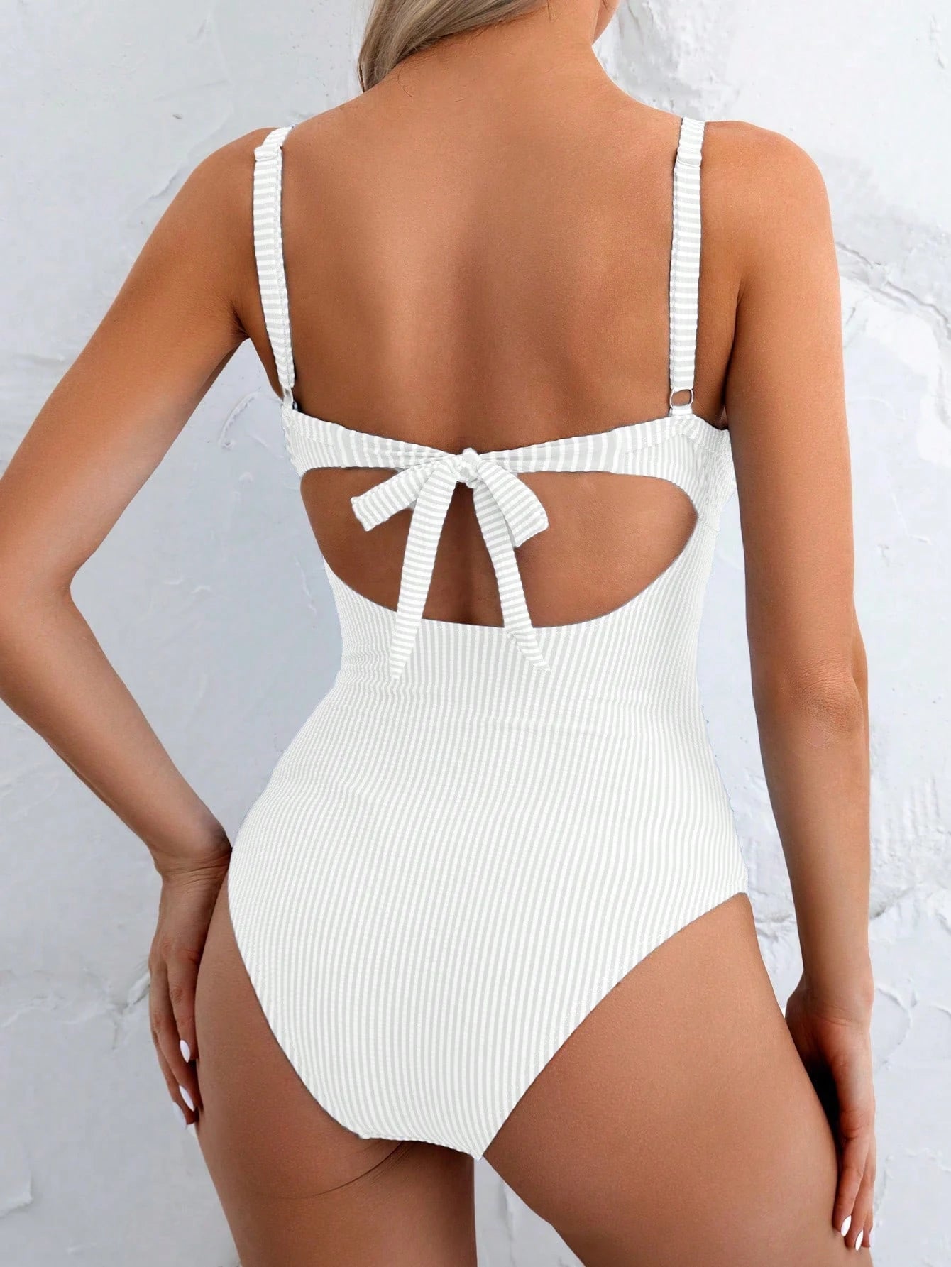 Swim Basics Women's Sexy One-Piece Striped Hollow Front Lace-Up Back Swimsuit, Summer