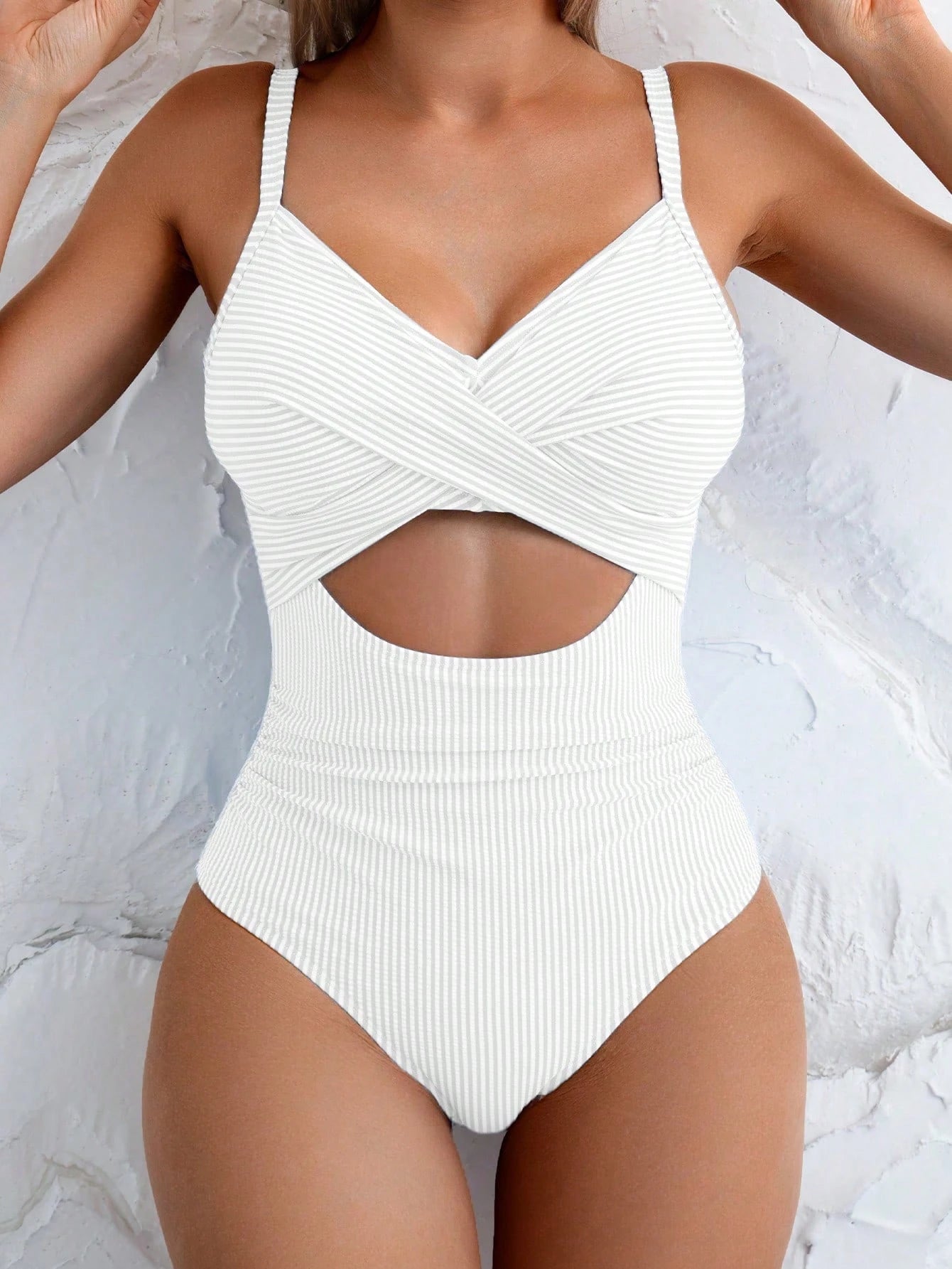 Swim Basics Women's Sexy One-Piece Striped Hollow Front Lace-Up Back Swimsuit, Summer