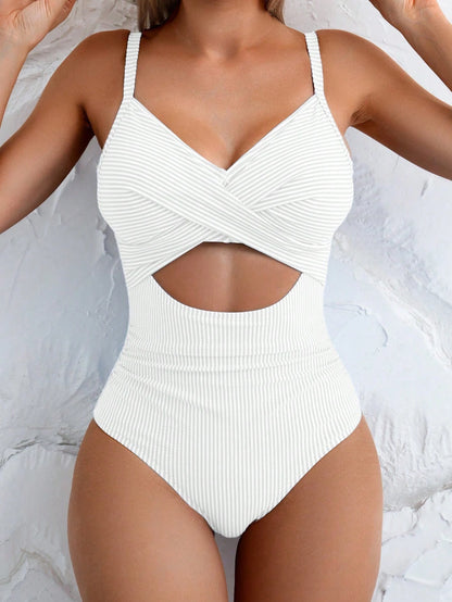 Swim Basics Women's Sexy One-Piece Striped Hollow Front Lace-Up Back Swimsuit, Summer