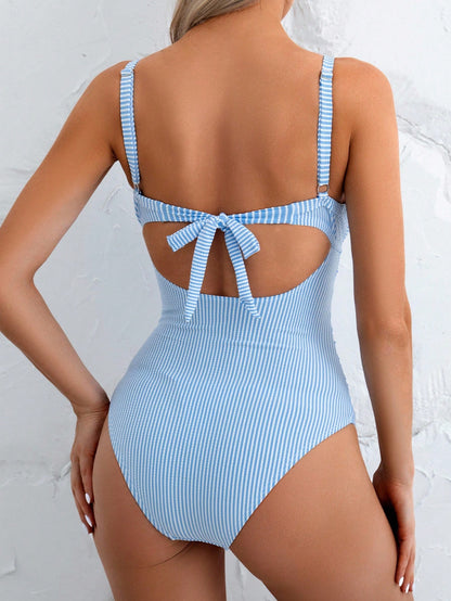 Swim Basics Women's Sexy One-Piece Striped Hollow Front Lace-Up Back Swimsuit, Summer