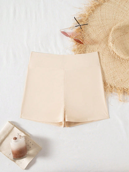 Swim Basics Women's Solid Color Bikini Bottom Swim Shorts For Summer Beach Holiday Beige Basic Casual