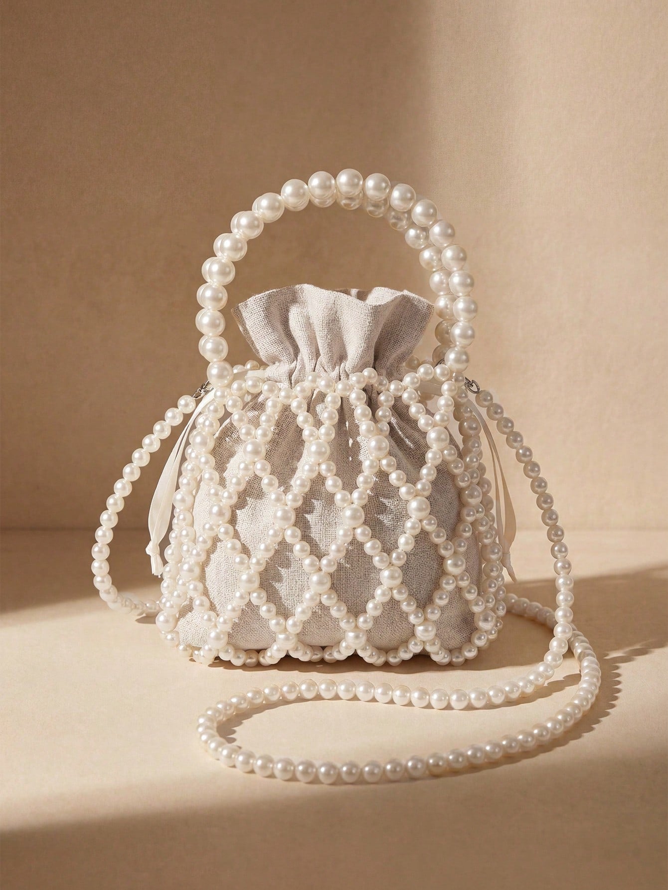 Swim Chiccia Argyle Princess Faux Pearl & Rhinestone Beaded Pearl Bag Mini Satchel Bag Faux Pearl Beaded Drawstring Design ABS For Party, Wedding, Prom And Dinner, Lipsticks, Women's Pearl Bag