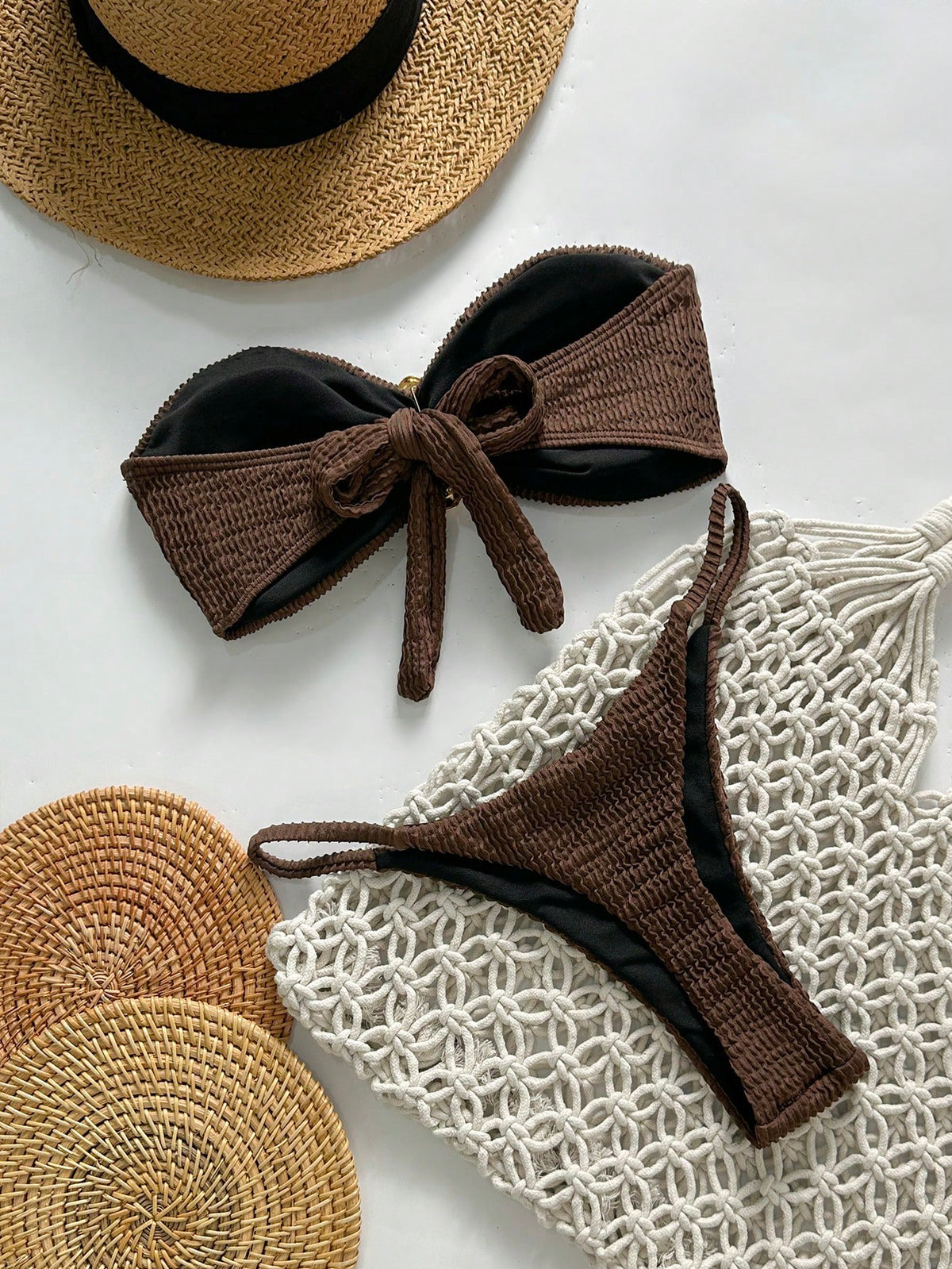 Swim Chiccia Spring Break Women Beachwear Summer 2-Piece Outfits, Women Jacquard Strapless Metal Decor Sexy Bikini Set Brown