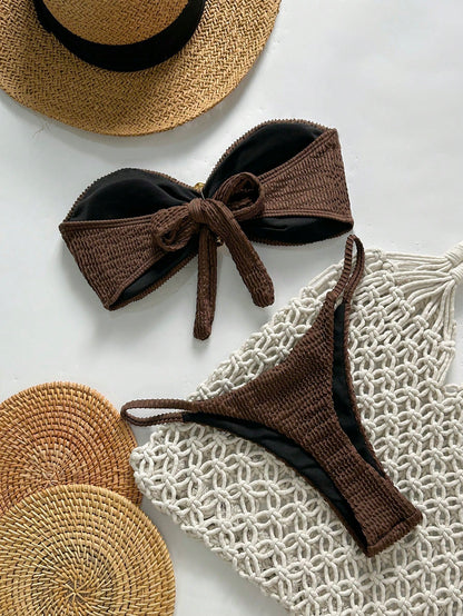 Swim Chiccia Spring Break Women Beachwear Summer 2-Piece Outfits, Women Jacquard Strapless Metal Decor Sexy Bikini Set Brown