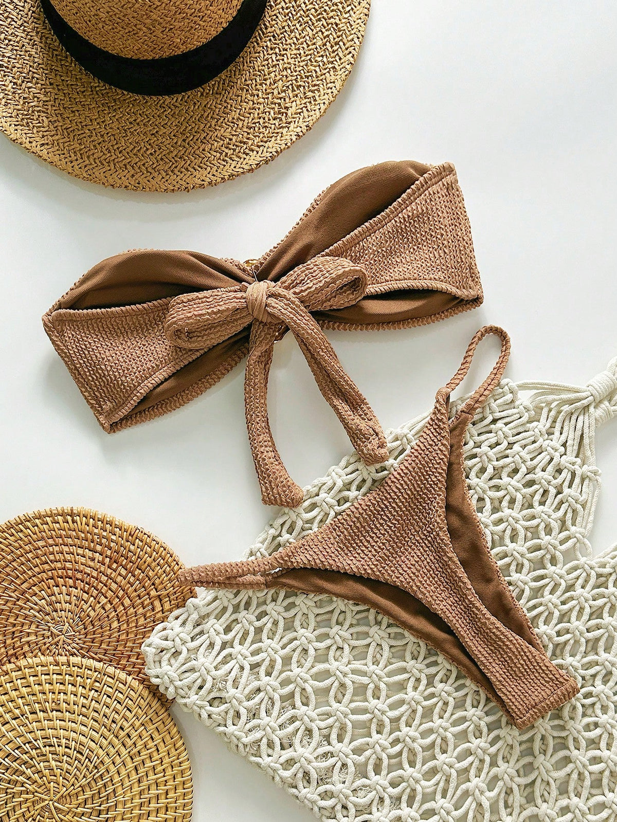 Swim Chiccia Spring Break Women Beachwear Summer 2-Piece Outfits, Women Jacquard Strapless Metal Decor Sexy Bikini Set Brown