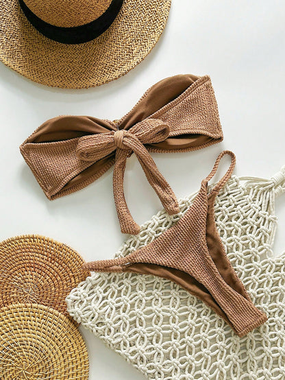 Swim Chiccia Spring Break Women Beachwear Summer 2-Piece Outfits, Women Jacquard Strapless Metal Decor Sexy Bikini Set Brown
